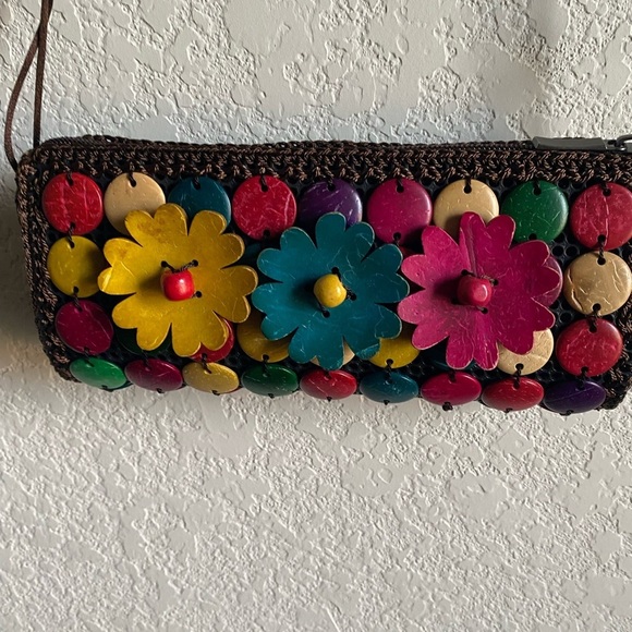 Coconut Shell Disc Beaded Sling Multi Color Coco Brown Crossbody Mini Boho Bag - Picture 5 of 12